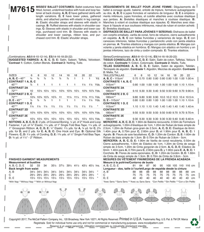 McCall's M7615 sewing pattern envelope showing ballet costume designs