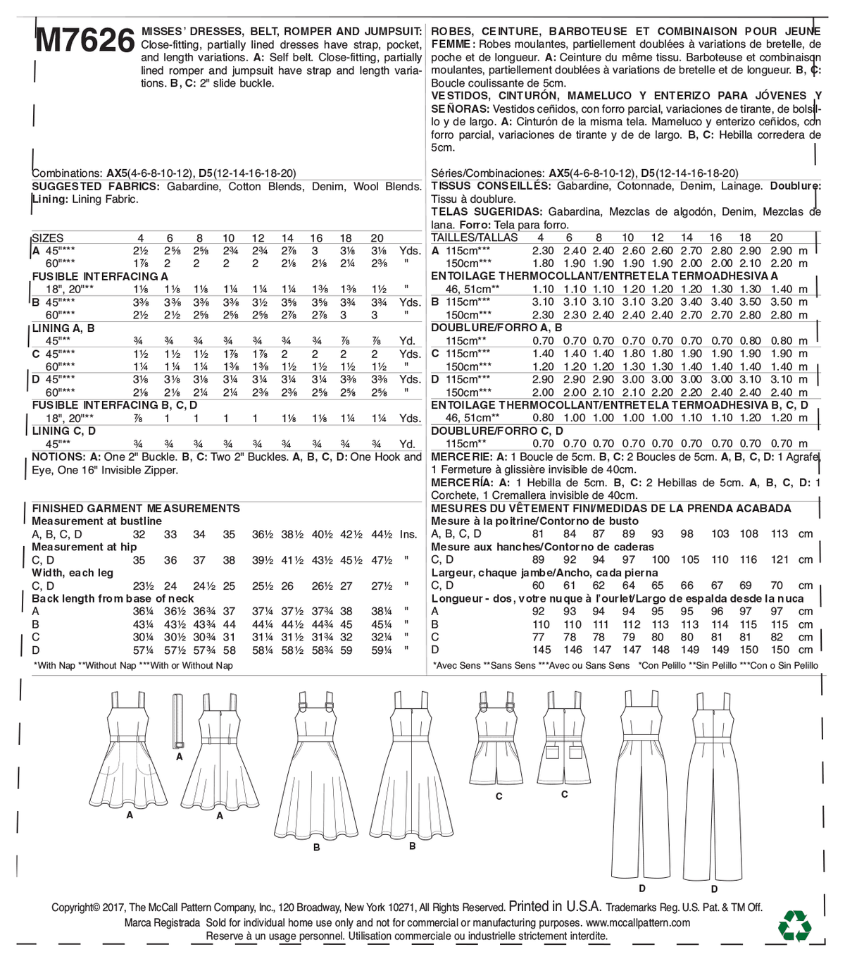 McCall's M7626 sewing pattern envelope showing partially lined dress designs