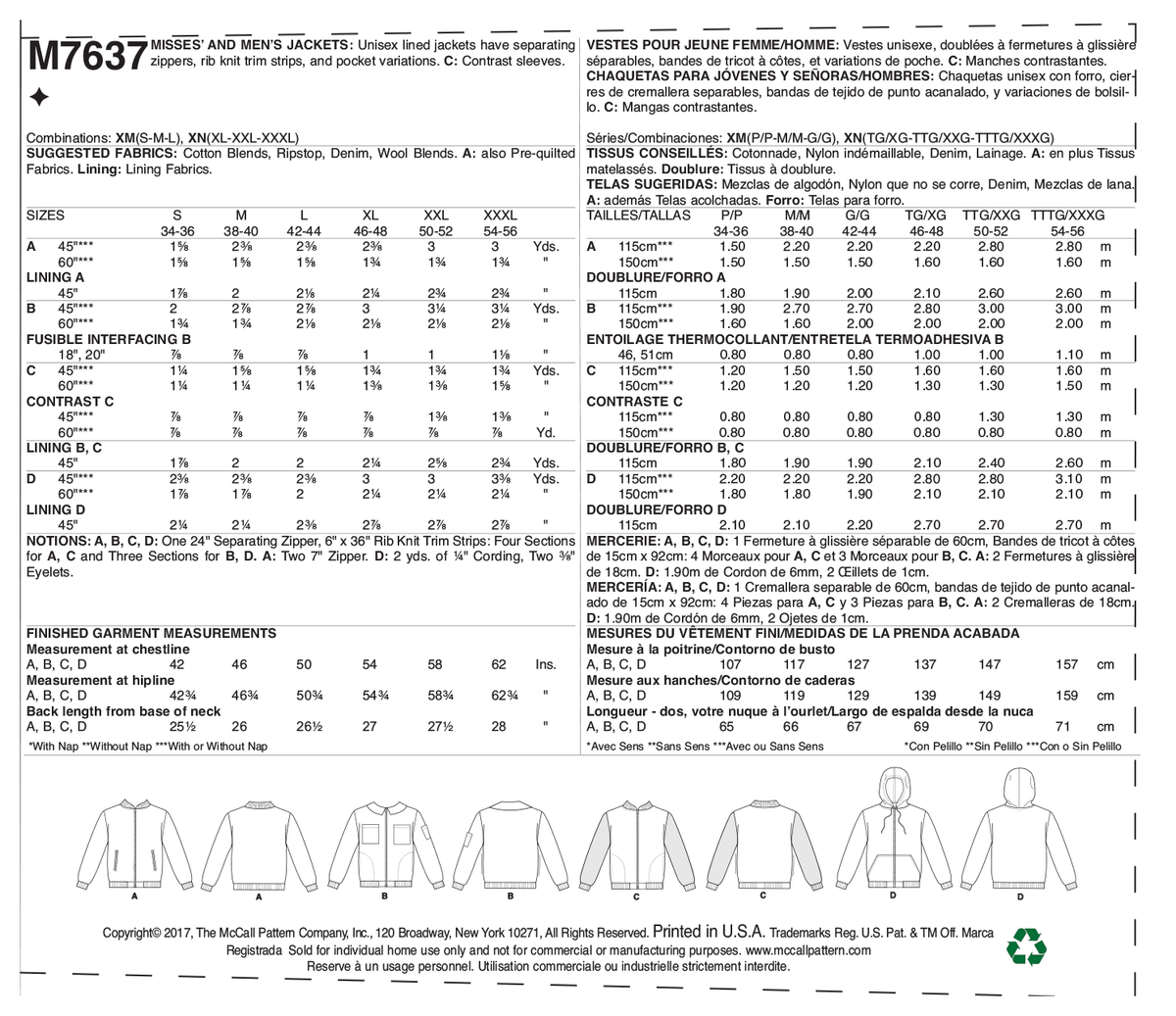 McCall's M7637 sewing pattern envelope showing lined jacket designs