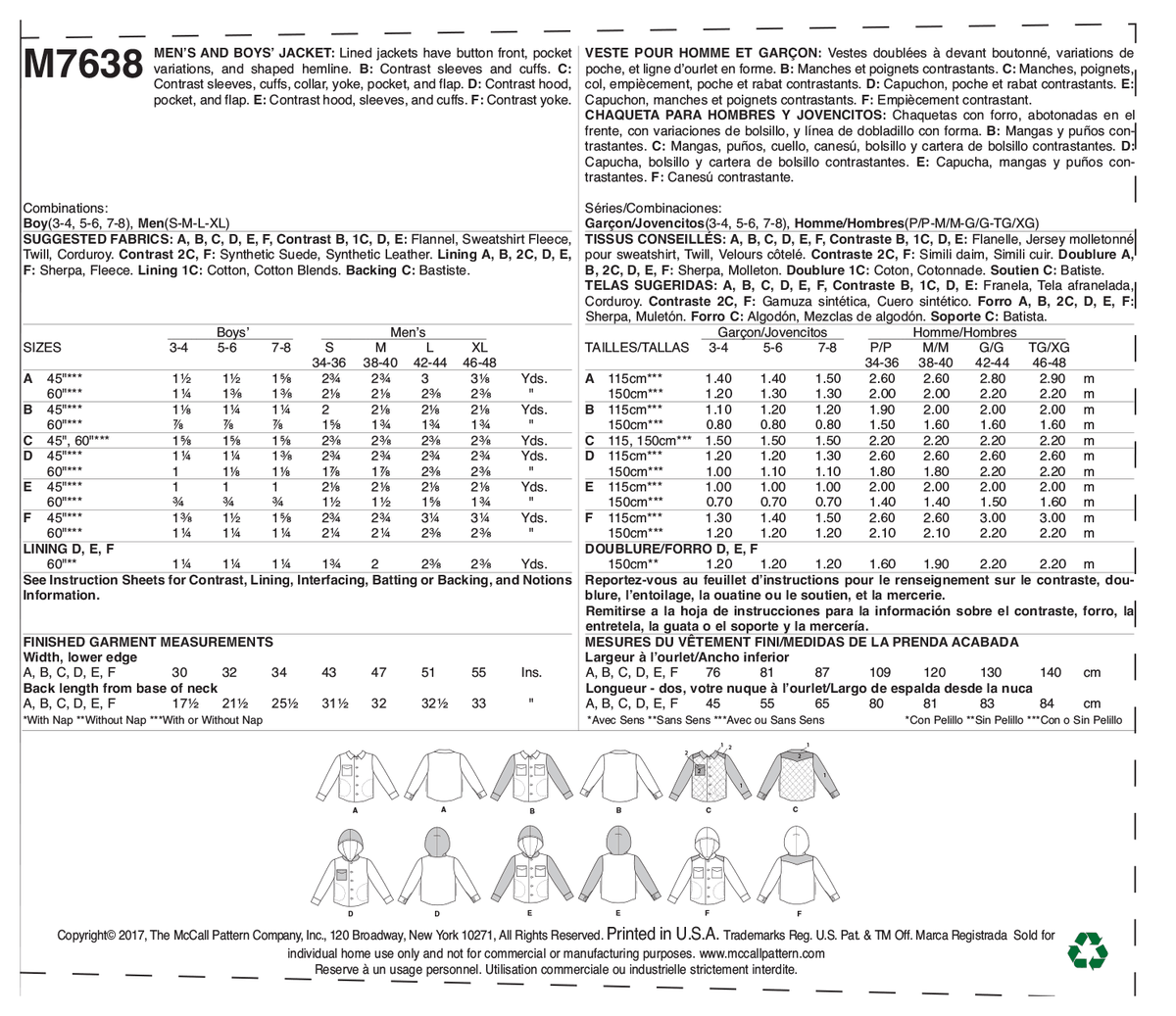 McCall's M7638 sewing pattern envelope showing lined jacket designs