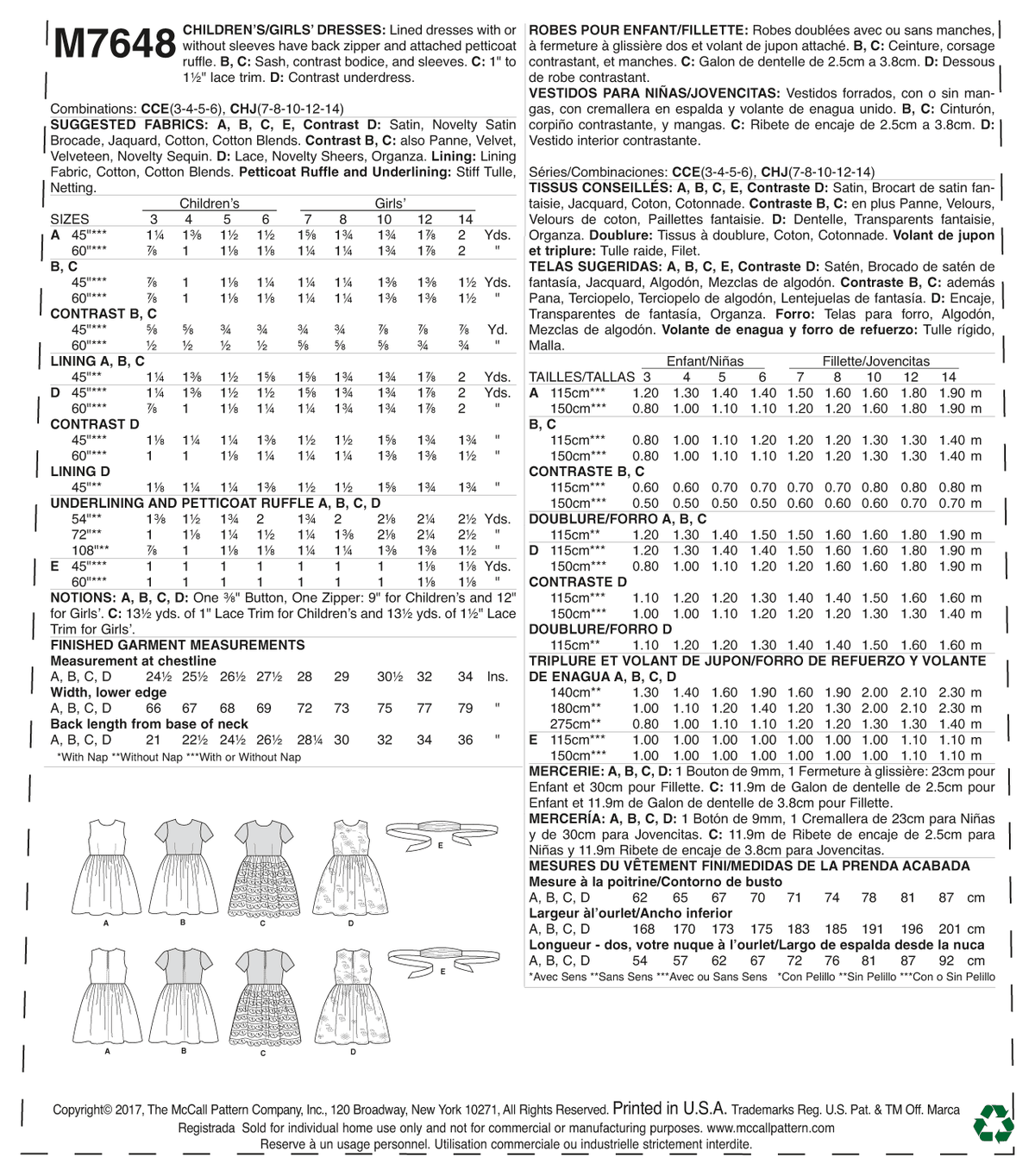 McCall's M7648 sewing pattern envelope showing lined dress designs
