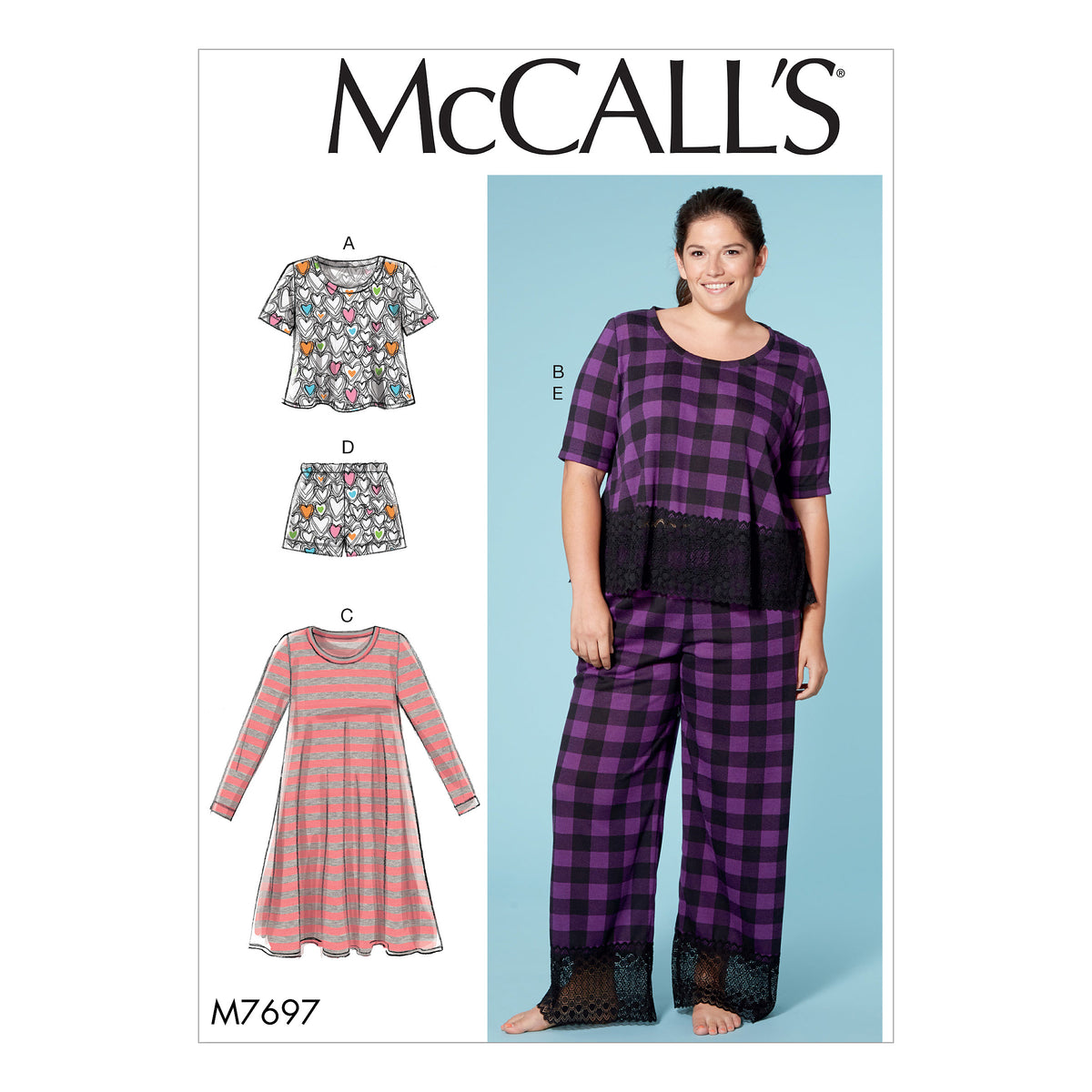McCall's M7697 sewing pattern envelope showing fitted tops and dress designs