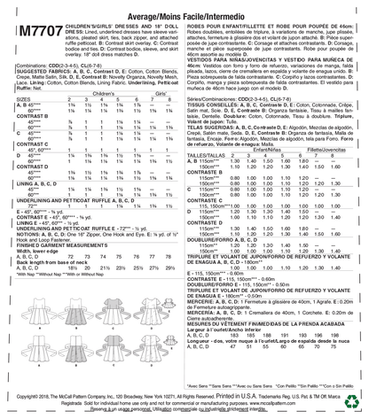 McCall's M7707 sewing pattern envelope for the girls' lined dress