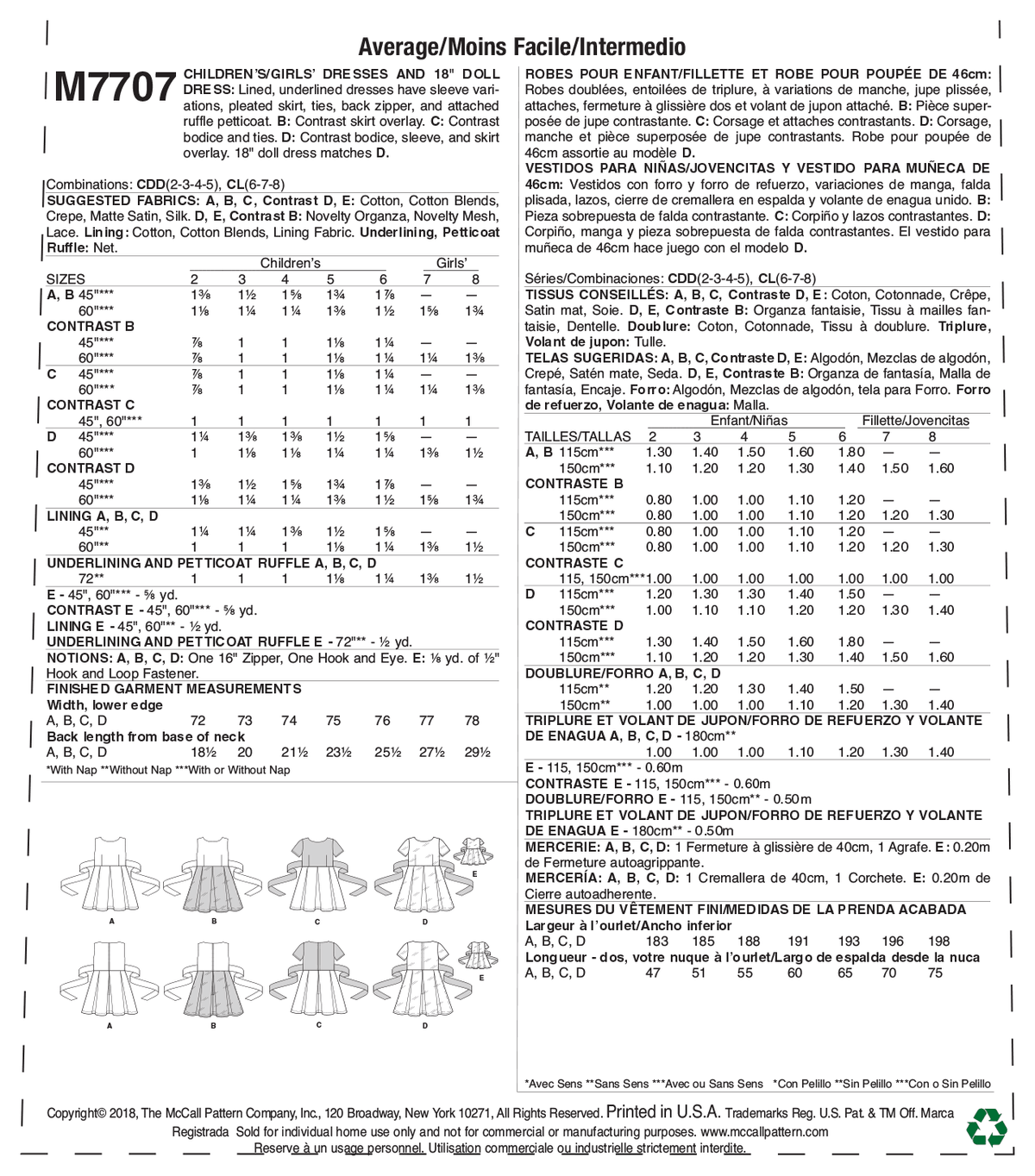 McCall's M7707 sewing pattern envelope for the girls' lined dress