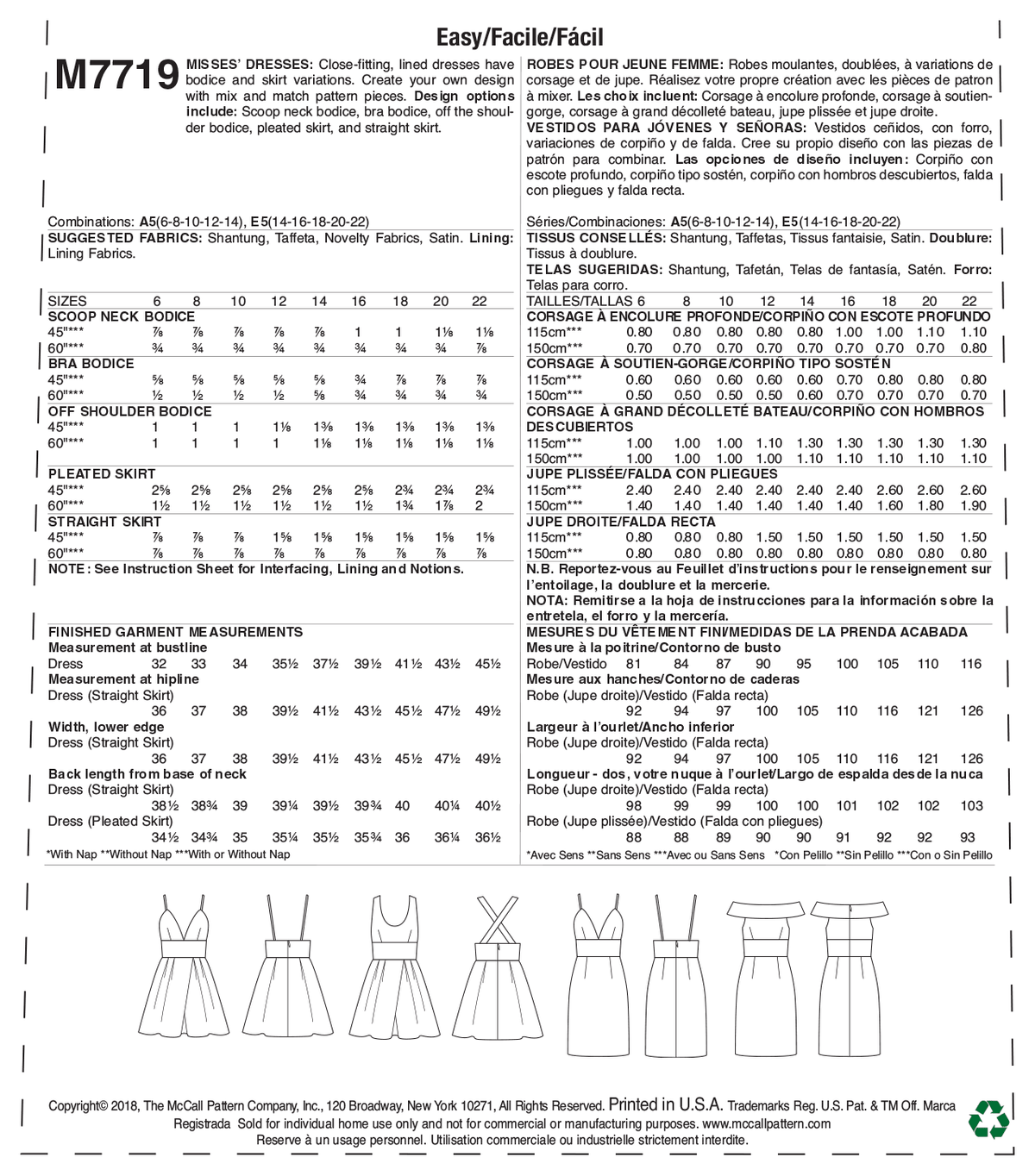 McCall's M7719 sewing pattern envelope for the women's fitted lined dress
