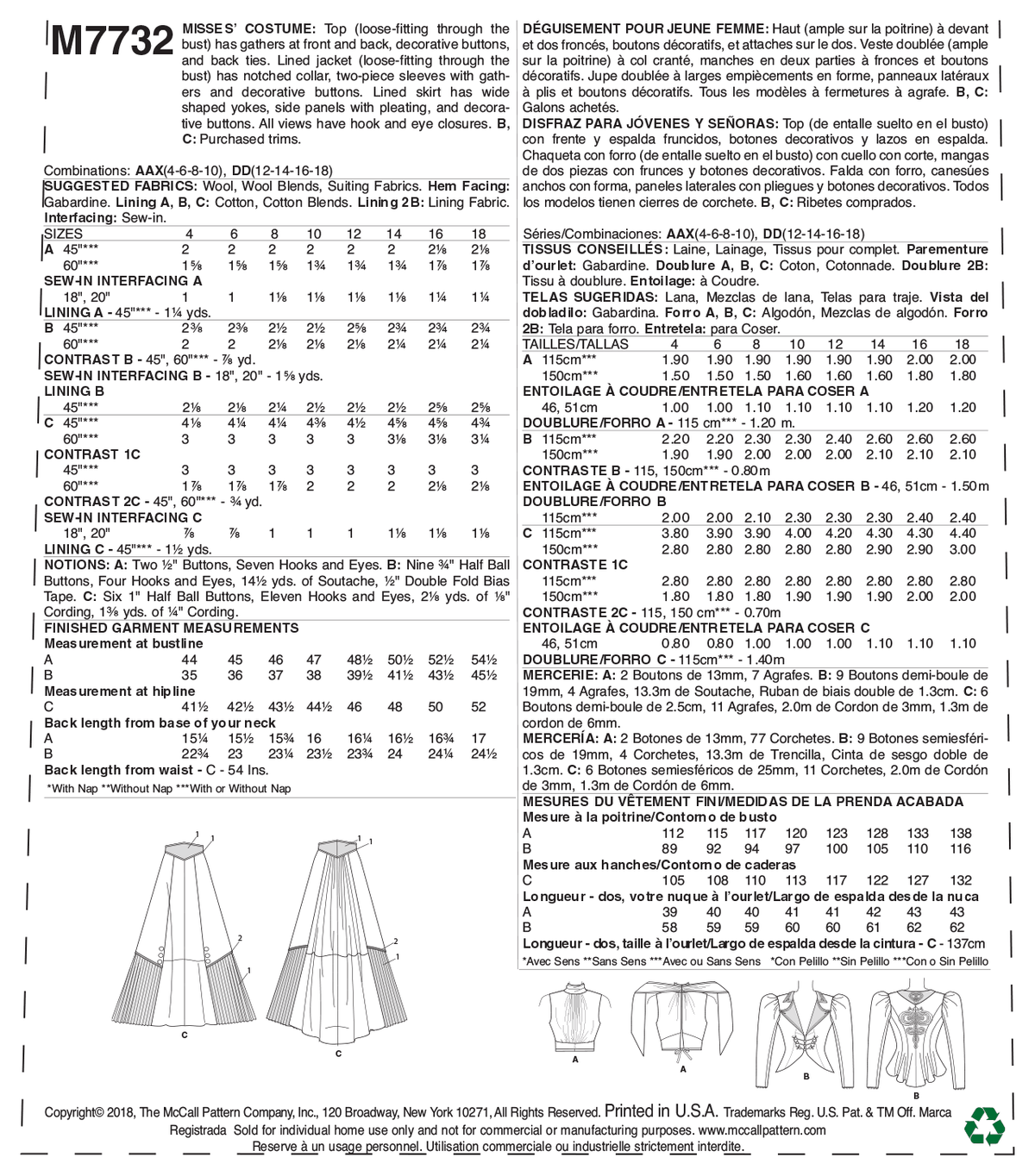 McCall's M7732 sewing pattern envelope for the women's costume top