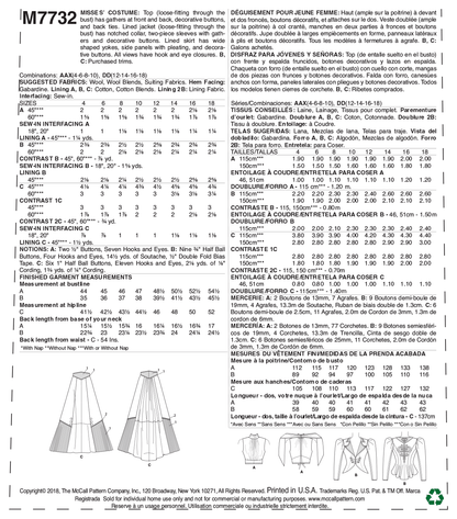McCall's M7732 sewing pattern envelope for the women's costume top