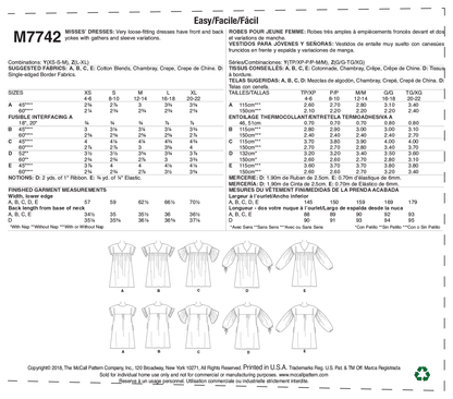 McCall's M7742 sewing pattern envelope for the women's loose yoked dress