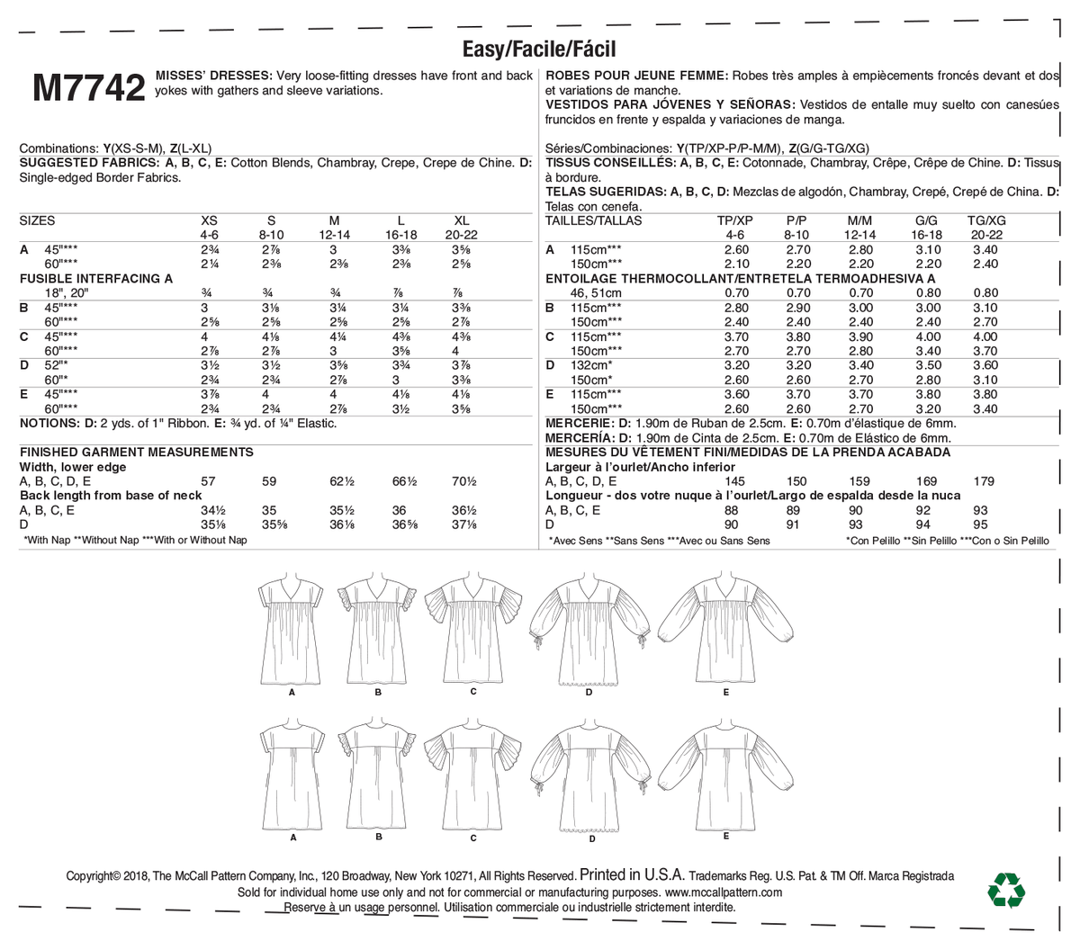 McCall's M7742 sewing pattern envelope for the women's loose yoked dress