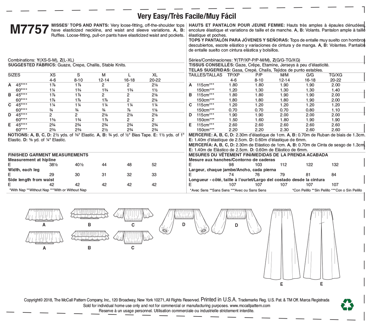 McCall's M7757 sewing pattern envelope for the women's off the shoulder top