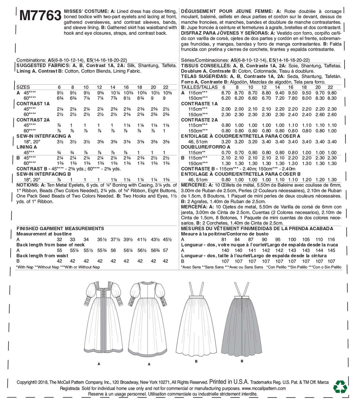 McCall's M7763 sewing pattern envelope for the women's lined costume dress