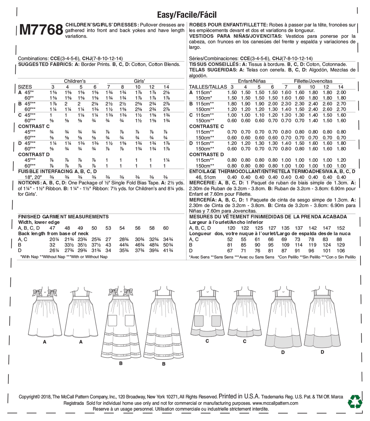 McCall's M7768 sewing pattern envelope for the girls' yoked pull-on dress