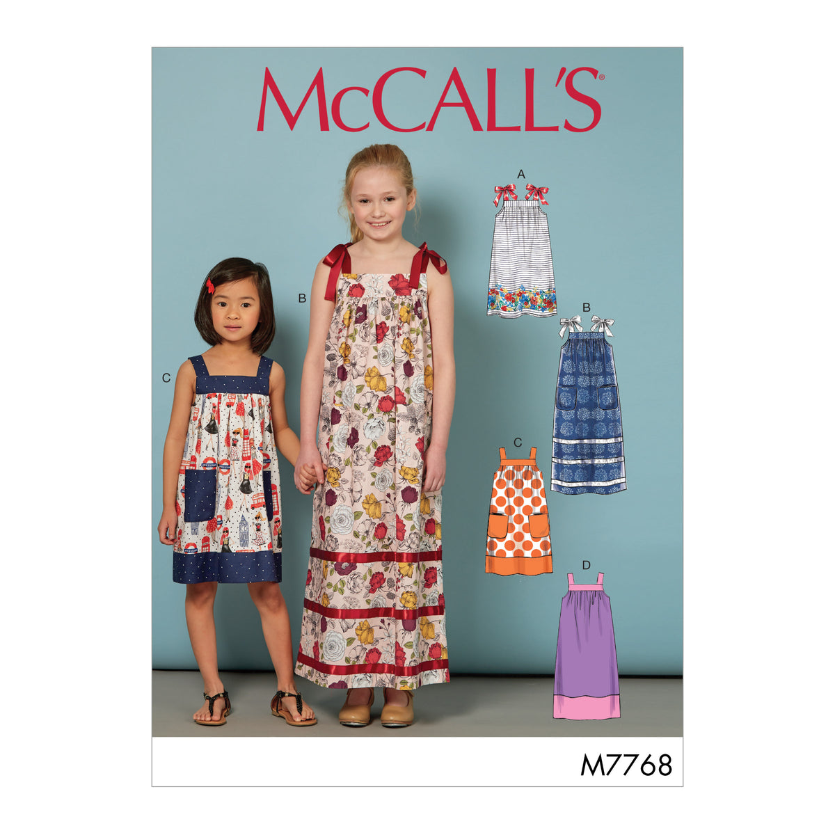 McCall's M7768 sewing pattern envelope for the girls' yoked pull-on dress
