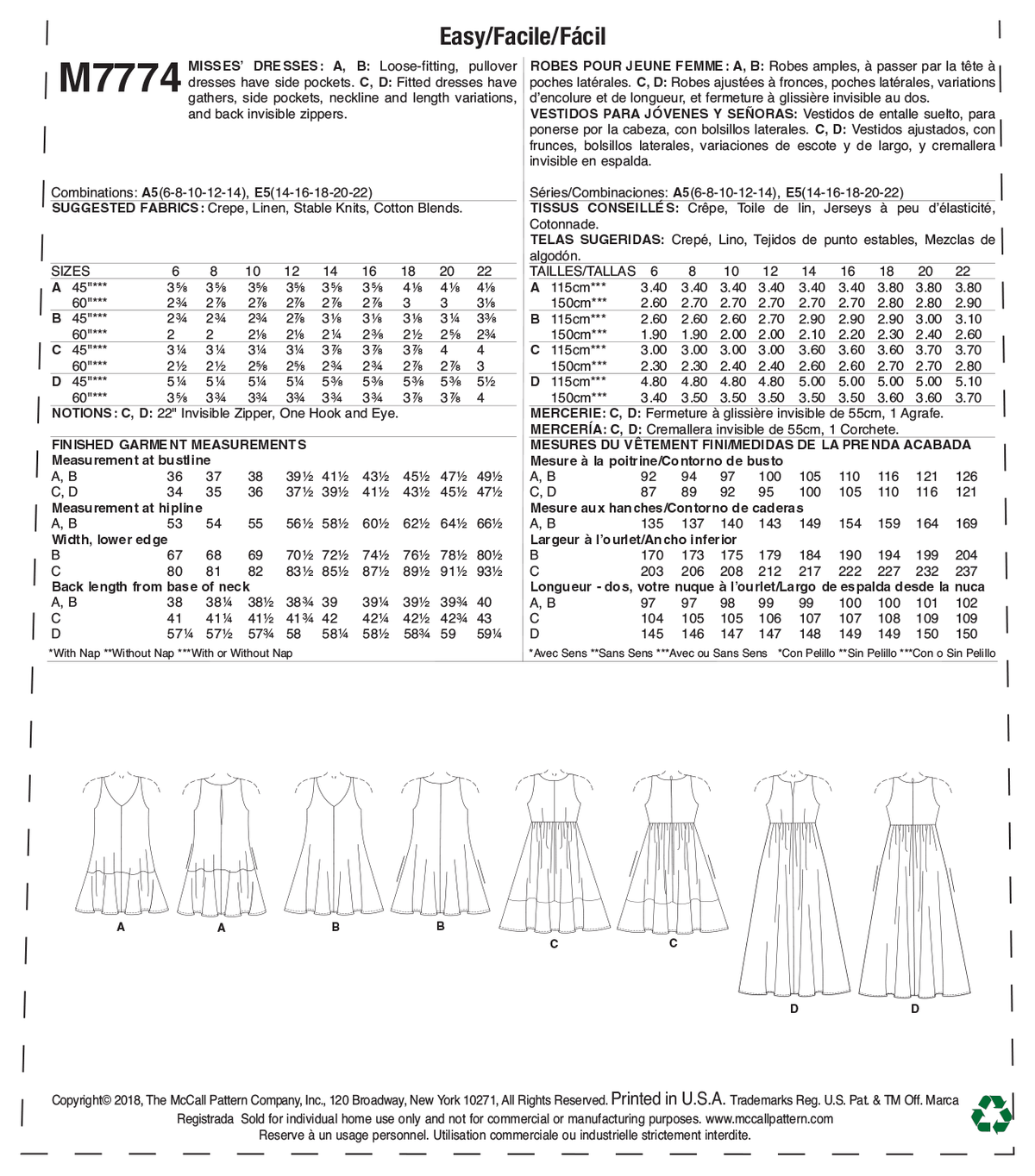 McCall's M7774 sewing pattern envelope for the women's loose pull-over dress