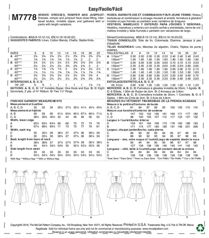 McCall's M7778 sewing pattern envelope for the women's dress, playsuit and jumpsuit