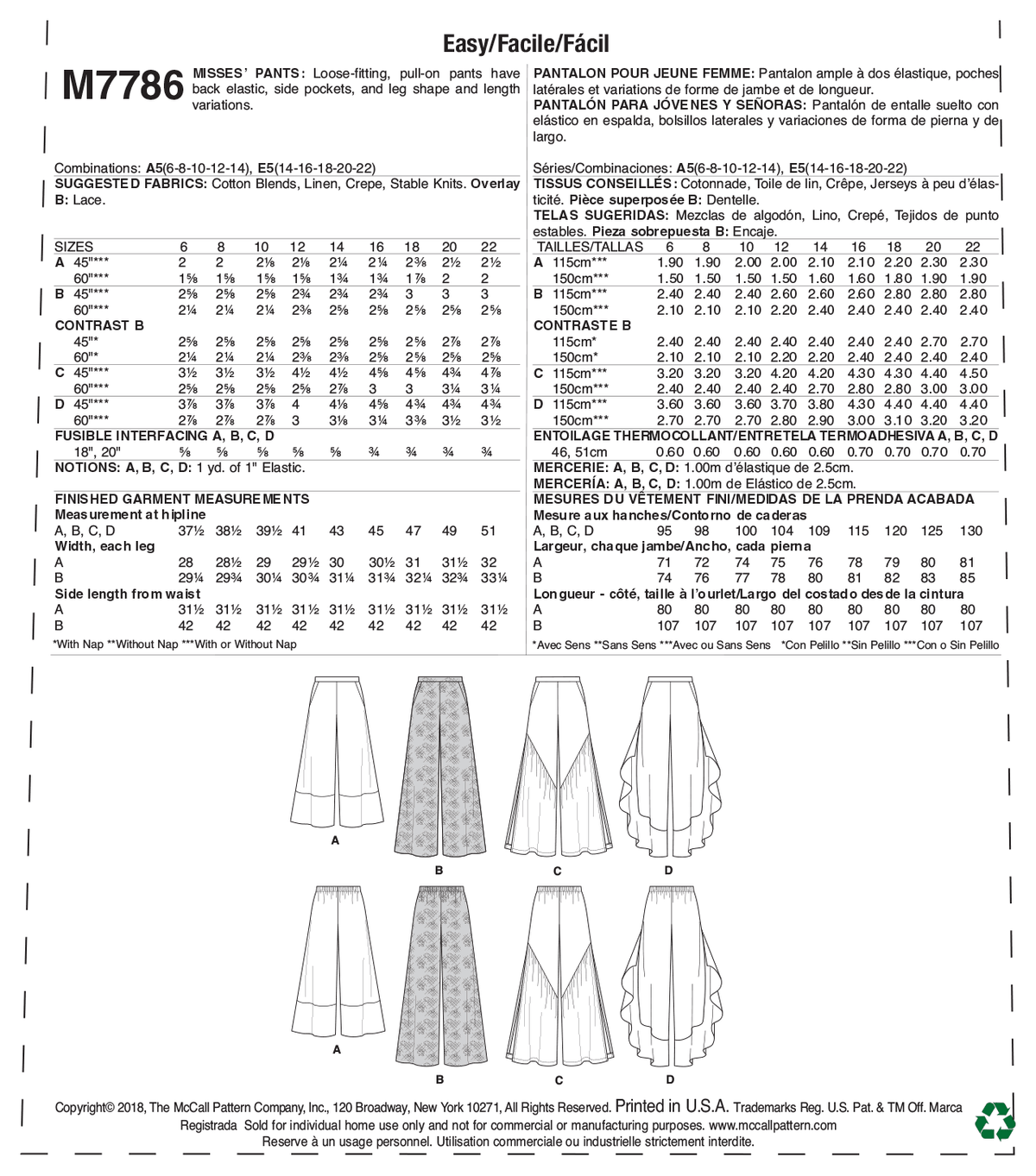 McCall's M7786 sewing pattern envelope for the women's pull-on trousers