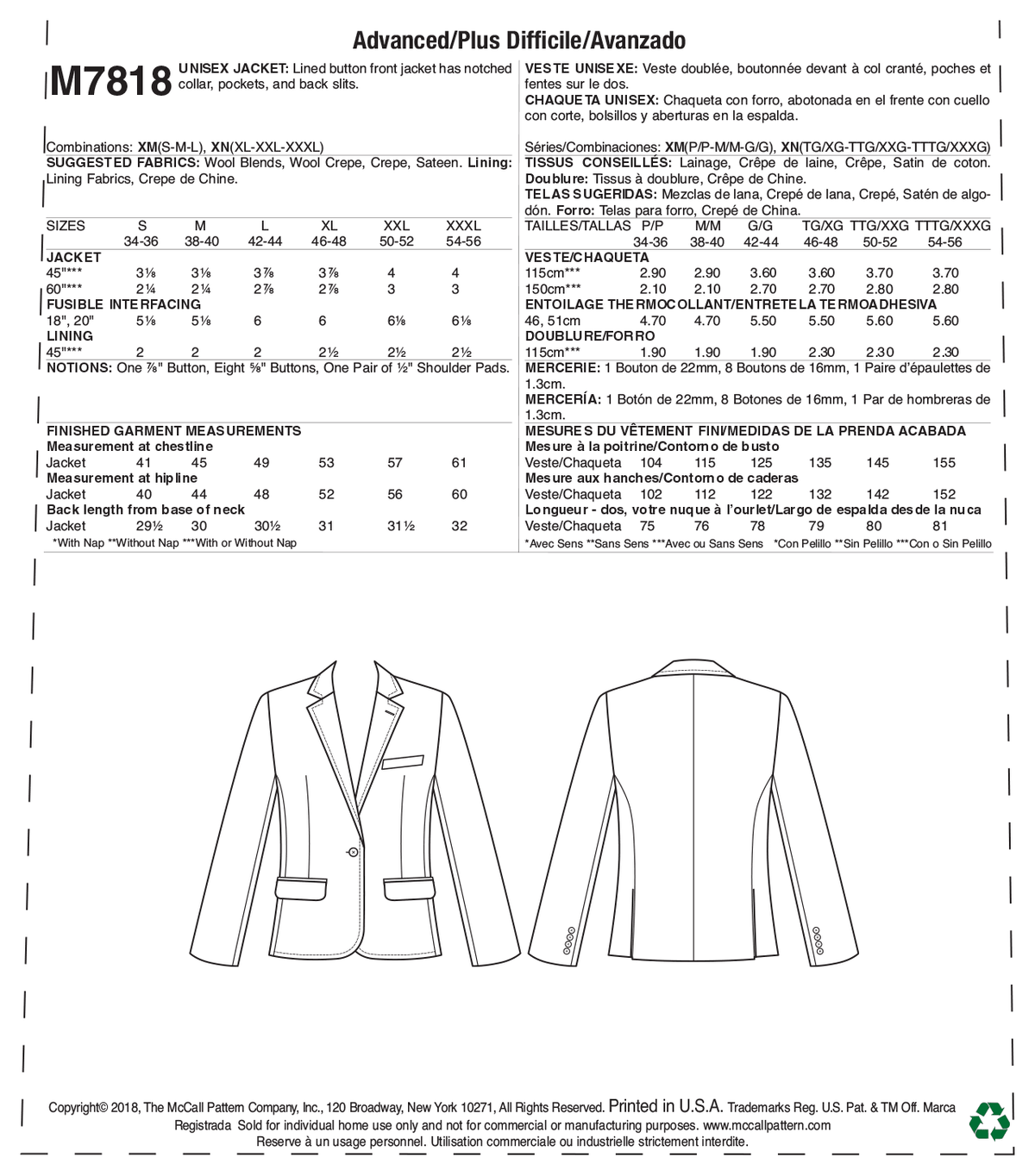 McCall's M7818 sewing pattern envelope for the unisex lined jacket