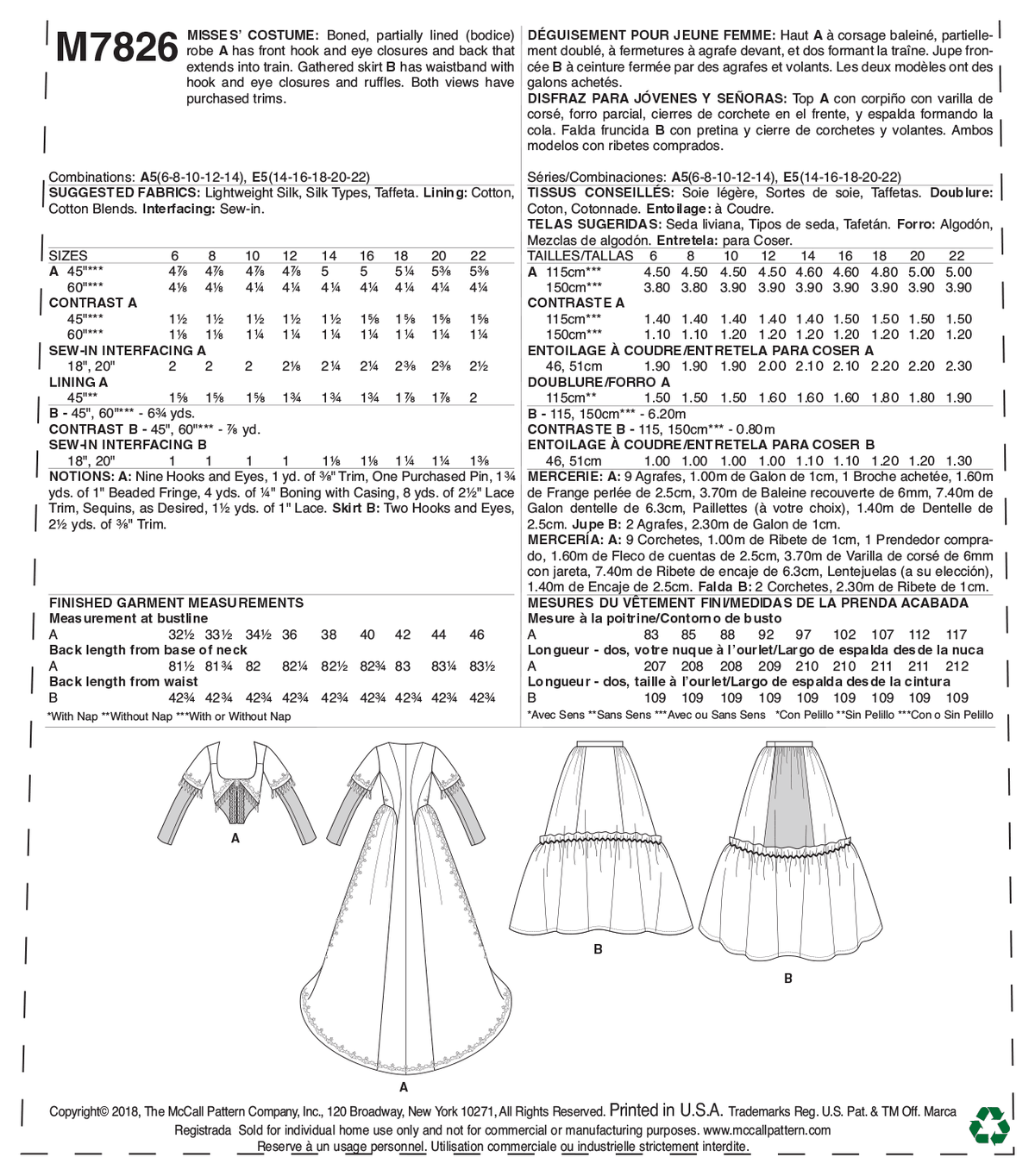 McCall's M7826 sewing pattern envelope for the women's boned costume robe