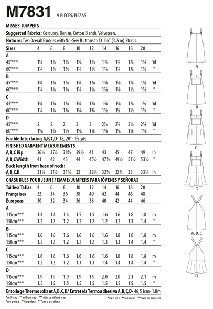 McCall's M7831 sewing pattern envelope showing pinafore dress designs