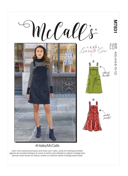 McCall's M7831 sewing pattern envelope showing pinafore dress designs