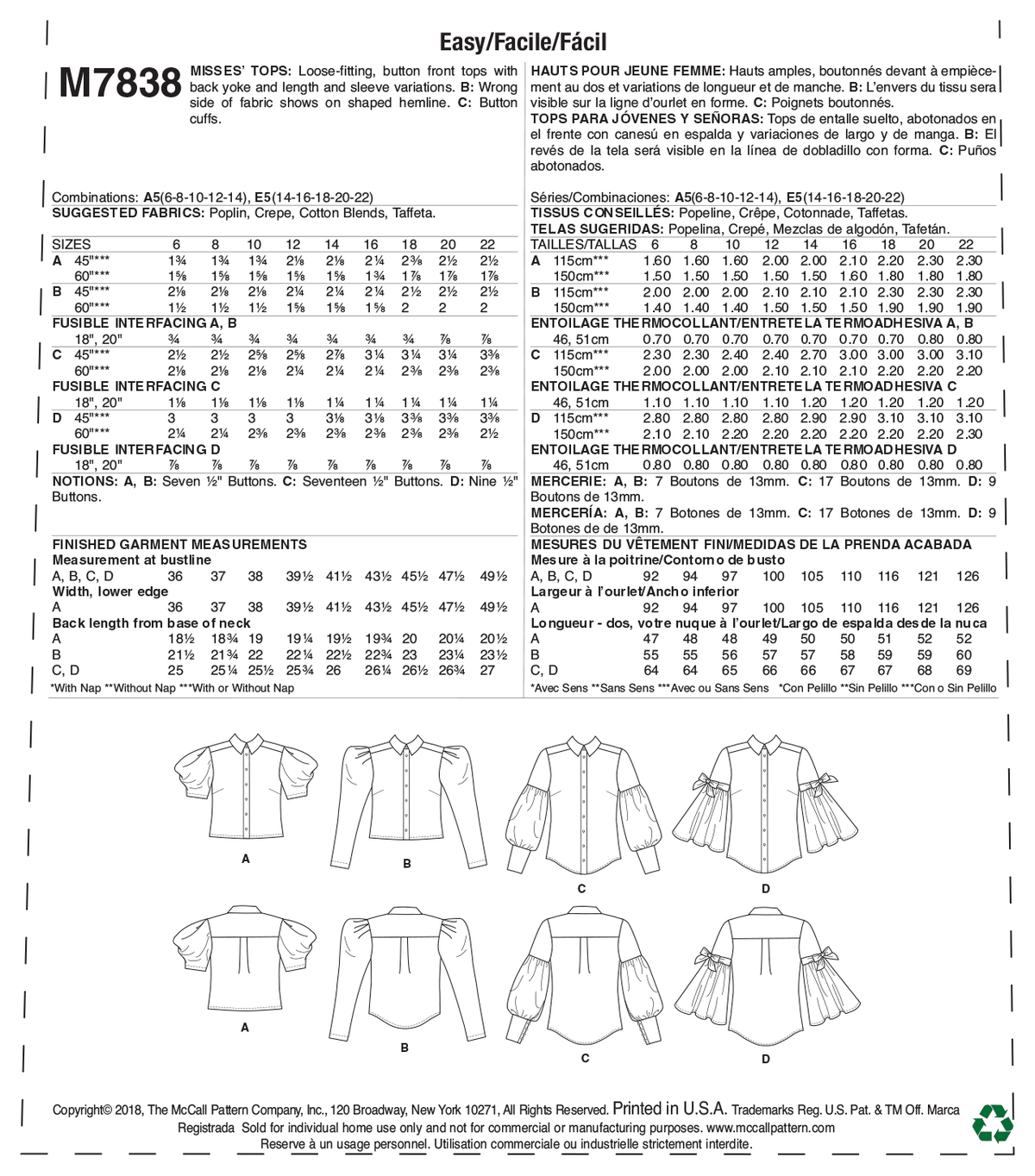 McCall's M7838 sewing pattern envelope showing button-front top designs