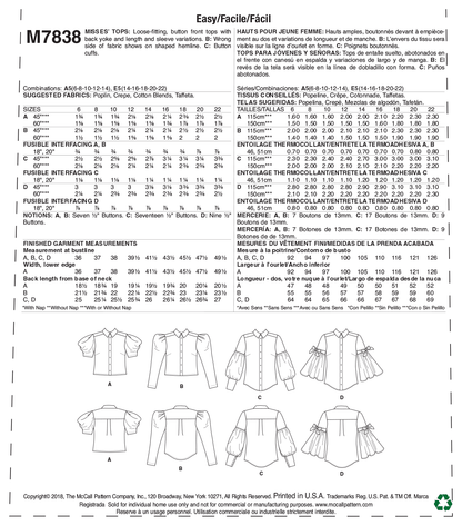 McCall's M7838 sewing pattern envelope showing button-front top designs