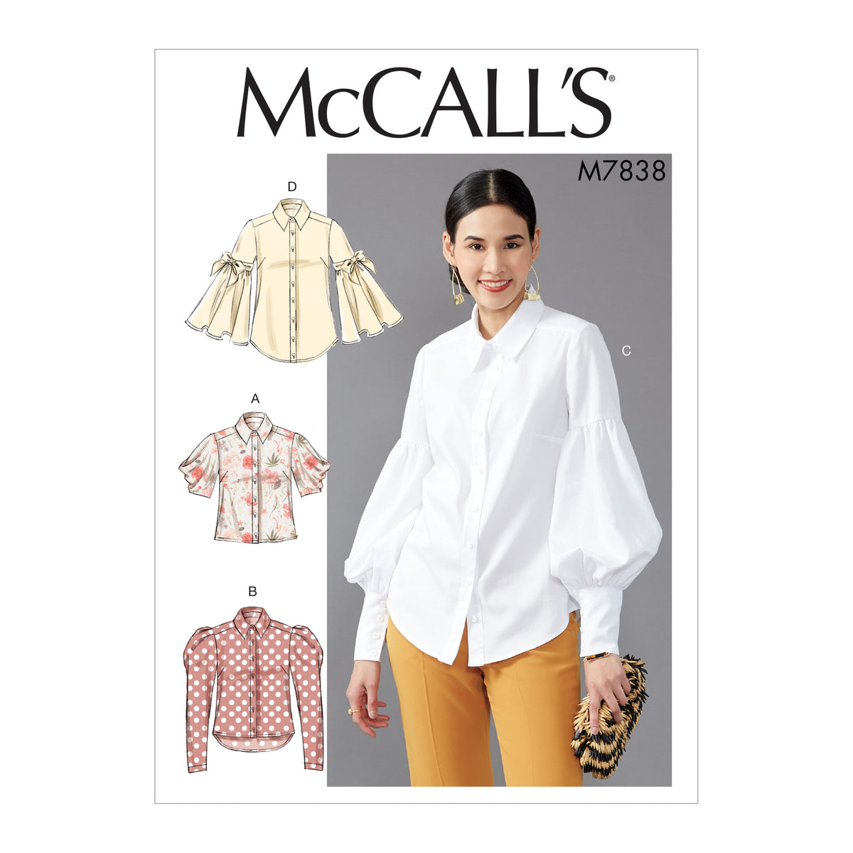 McCall's M7838 sewing pattern envelope showing button-front top designs