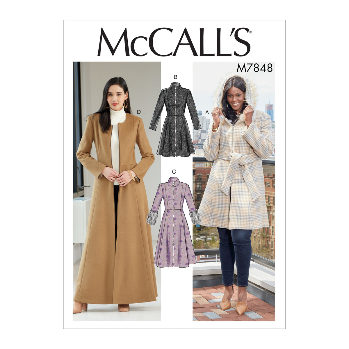 McCall's M7848 sewing pattern envelope showing plus size lined coat designs