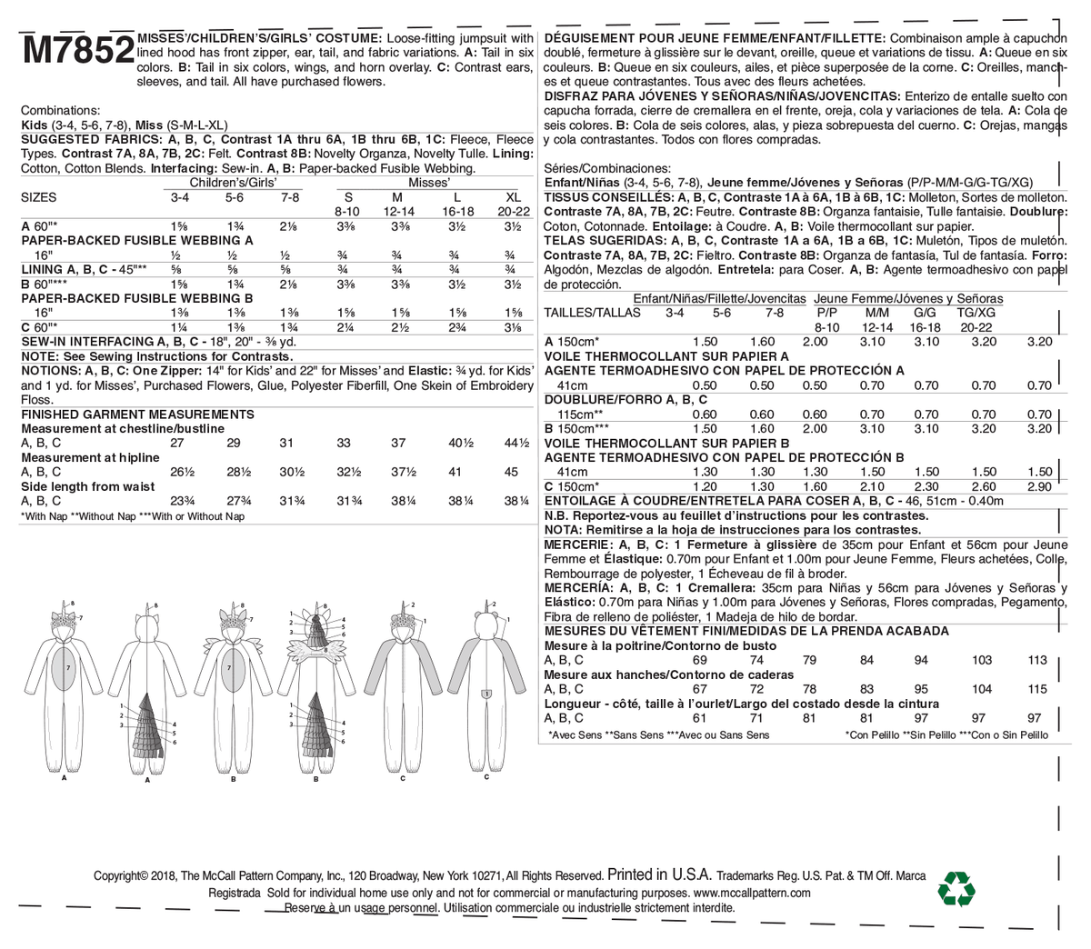 McCall's M7852 sewing pattern envelope showing hooded animal costume jumpsuit designs