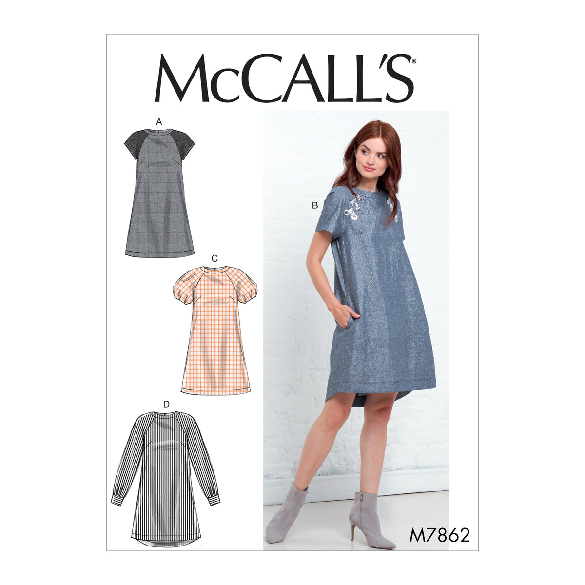 McCall's M7862 sewing pattern envelope showing loose-fitting dress designs