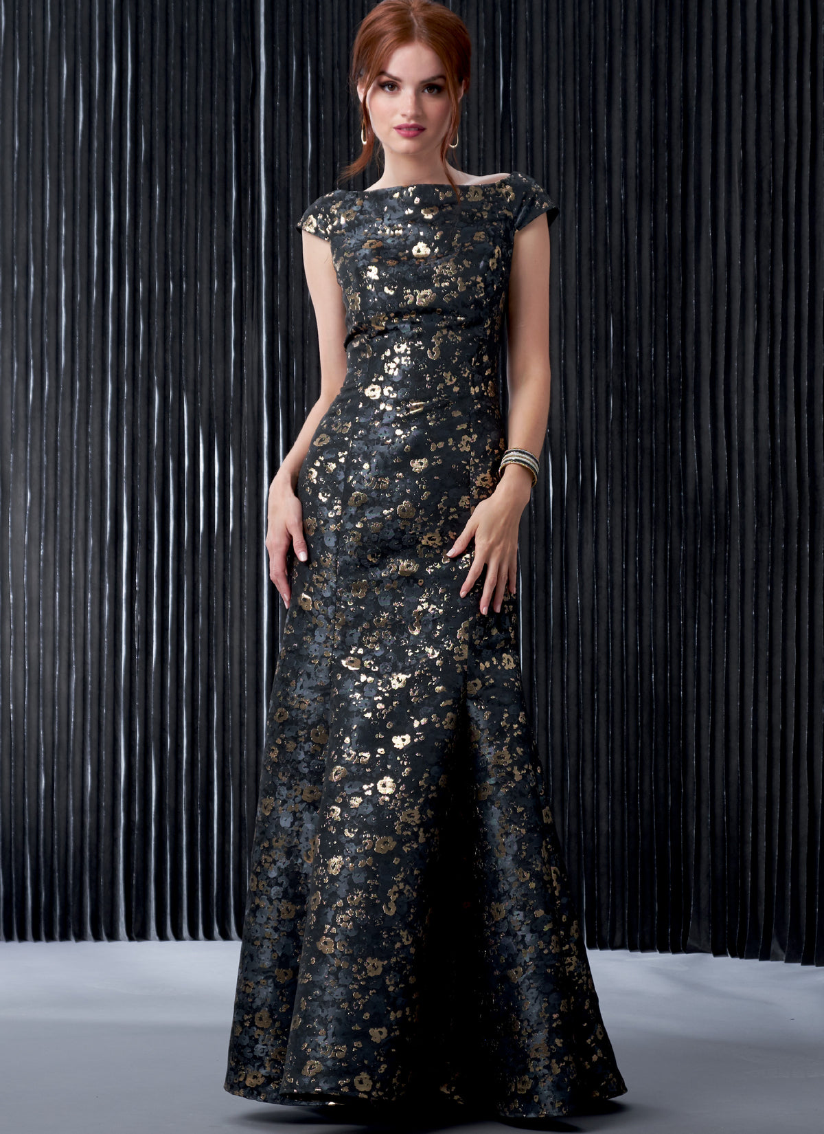 McCall's M7865 sewing pattern envelope showing lined floor-length dress designs