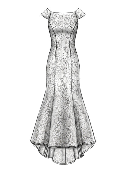 McCall's M7865 sewing pattern envelope showing lined floor-length dress designs