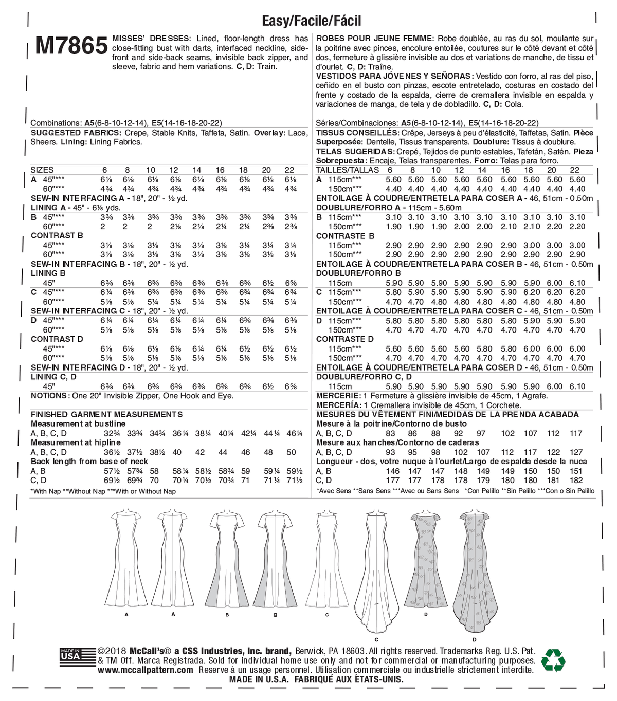 McCall's M7865 sewing pattern envelope showing lined floor-length dress designs