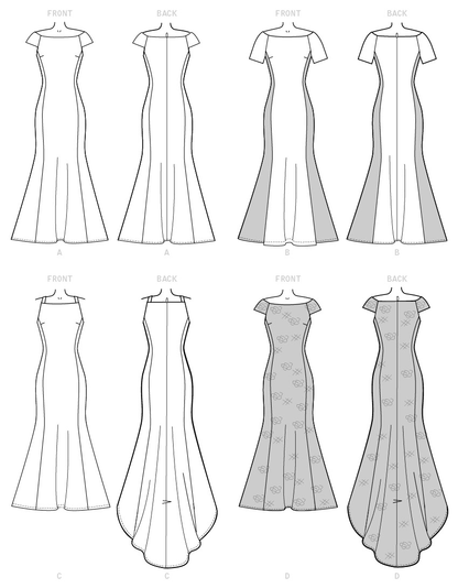 McCall's M7865 sewing pattern envelope showing lined floor-length dress designs