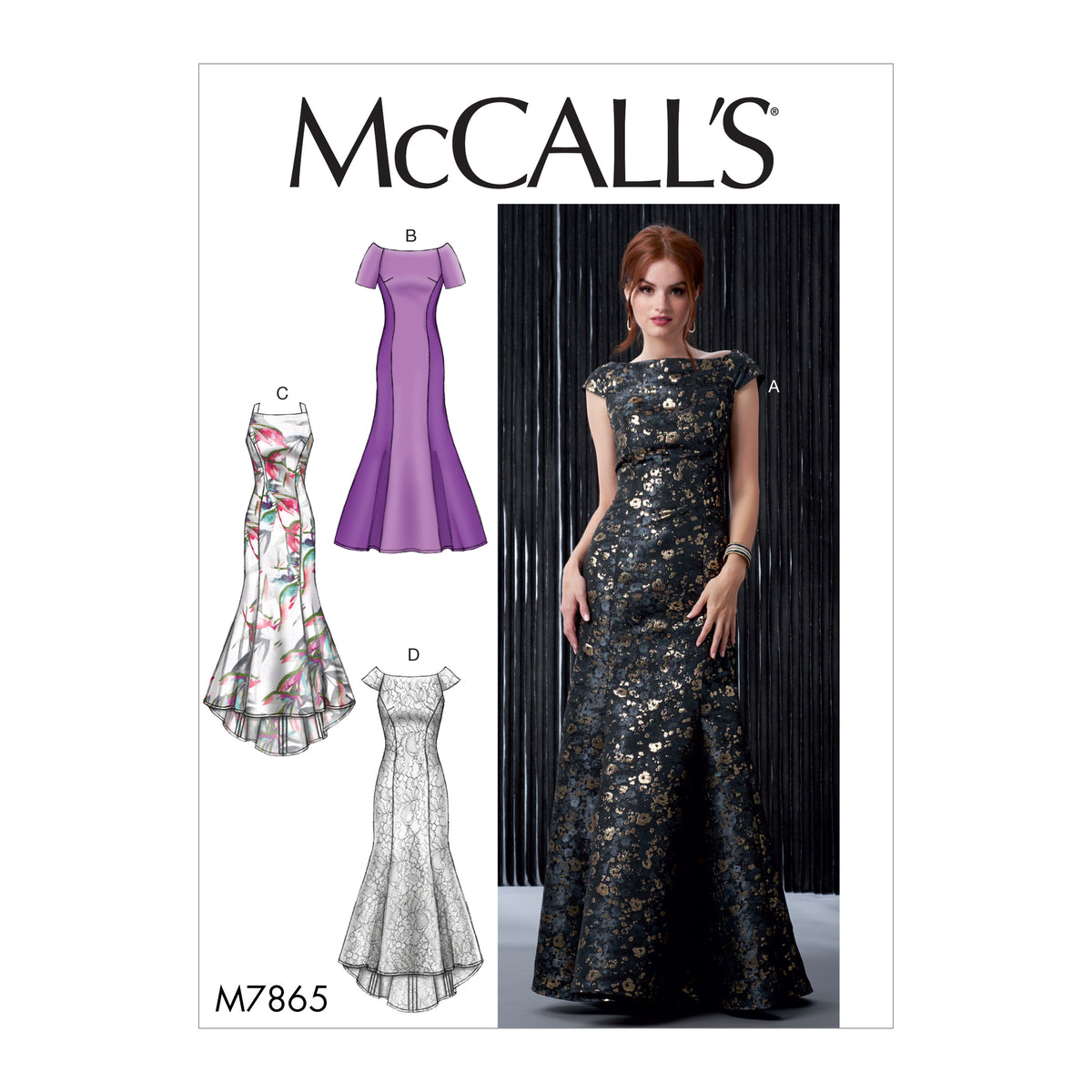 McCall's M7865 sewing pattern envelope showing lined floor-length dress designs