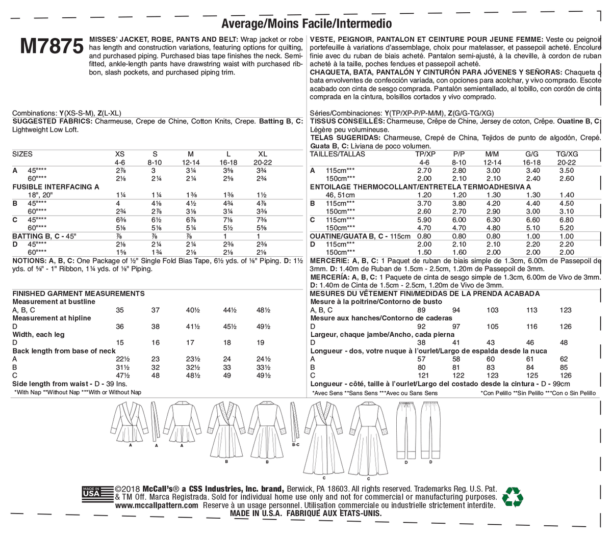 McCall's M7875 sewing pattern envelope showing wrap jacket or robe designs