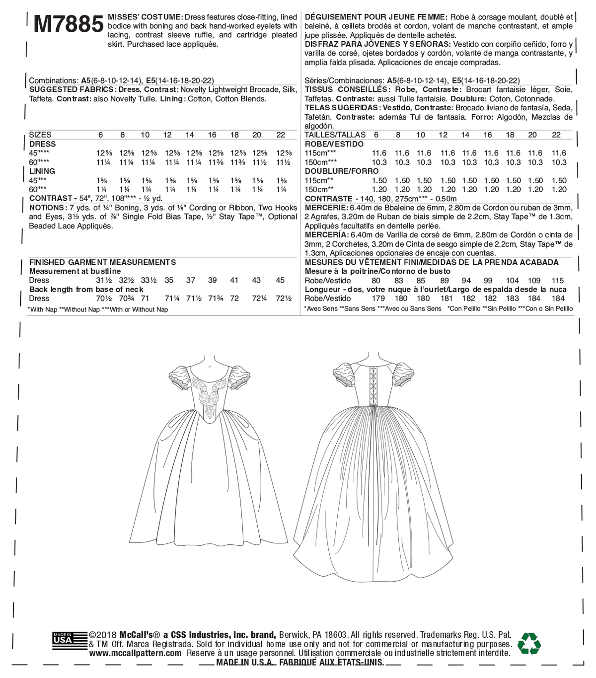 McCall's M7885 sewing pattern envelope showing historical costume dress designs