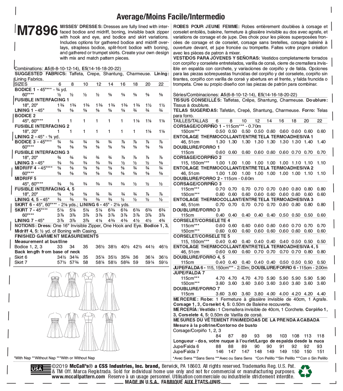 McCall's M7896 sewing pattern envelope showing fully lined boned dress designs