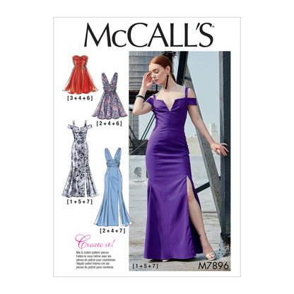 McCall's M7896 sewing pattern envelope showing fully lined boned dress designs