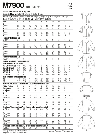 McCall's M7900 sewing pattern envelope showing fitted button-front top designs