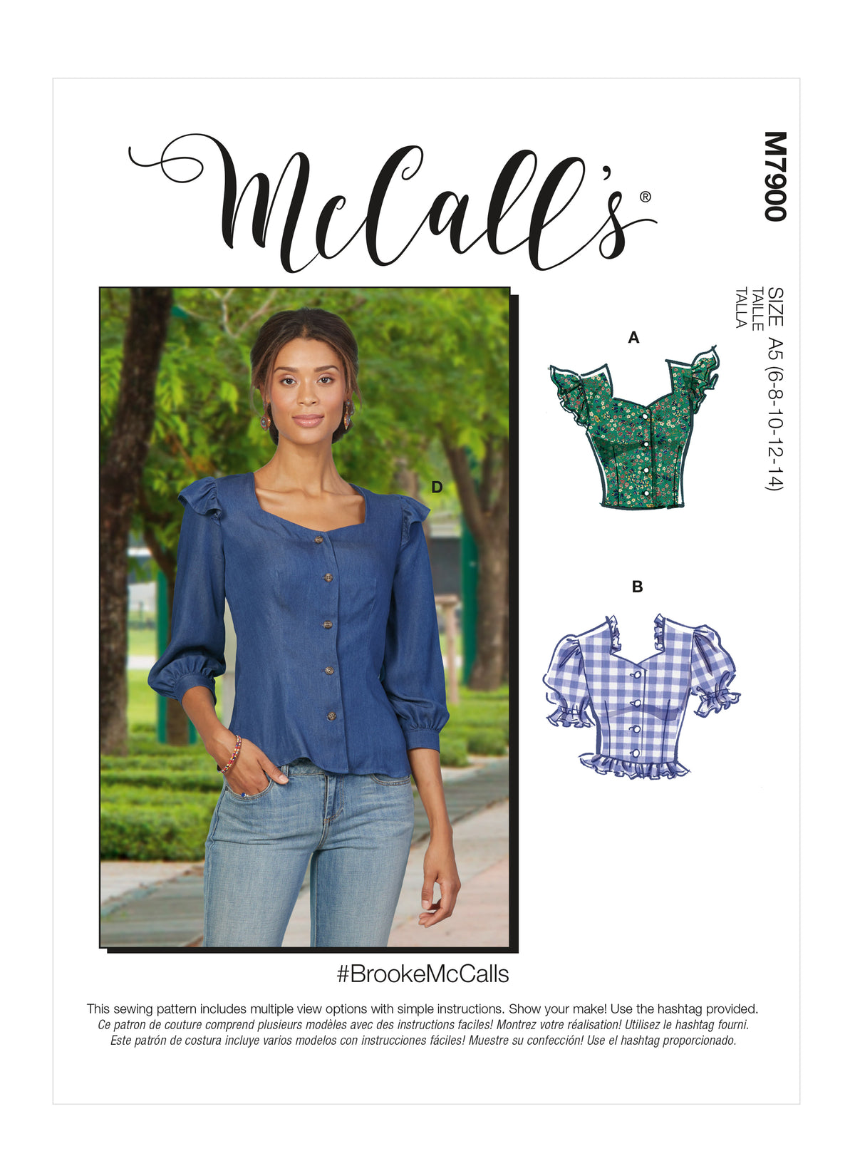 McCall's M7900 sewing pattern envelope showing fitted button-front top designs