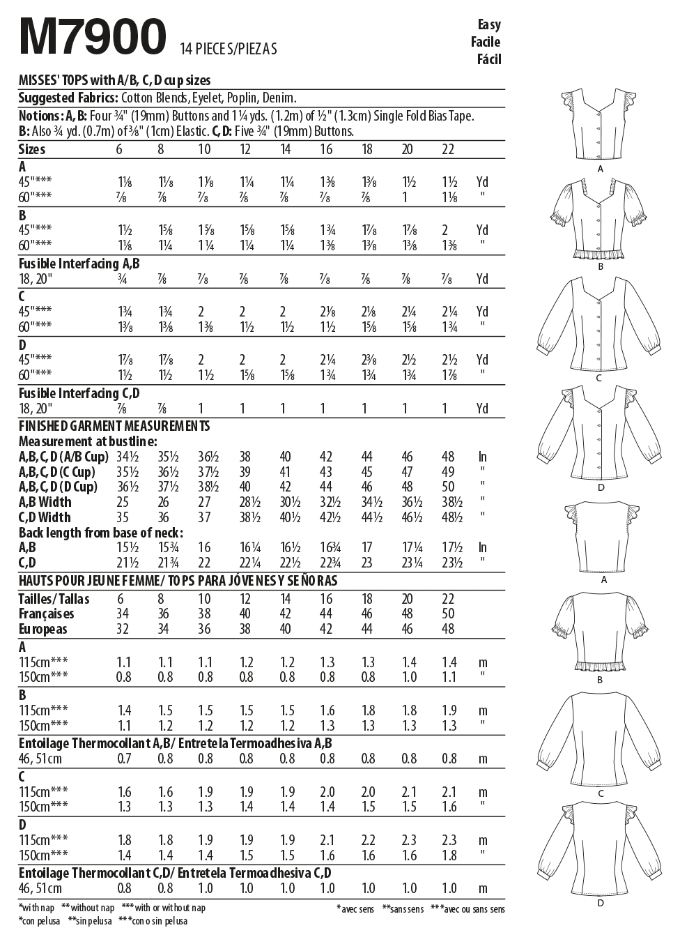 McCall's M7900 sewing pattern envelope showing fitted button-front top designs