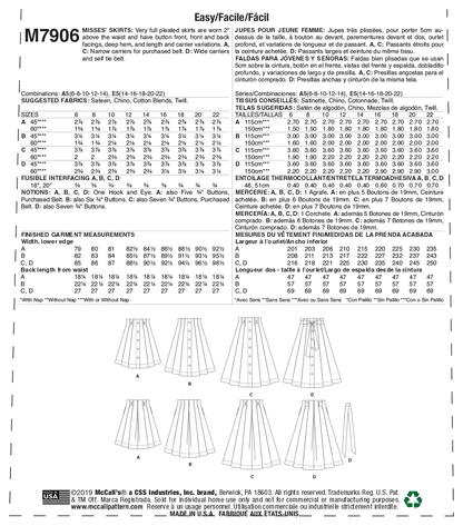 McCall's M7906 sewing pattern envelope showing full pleated skirt designs