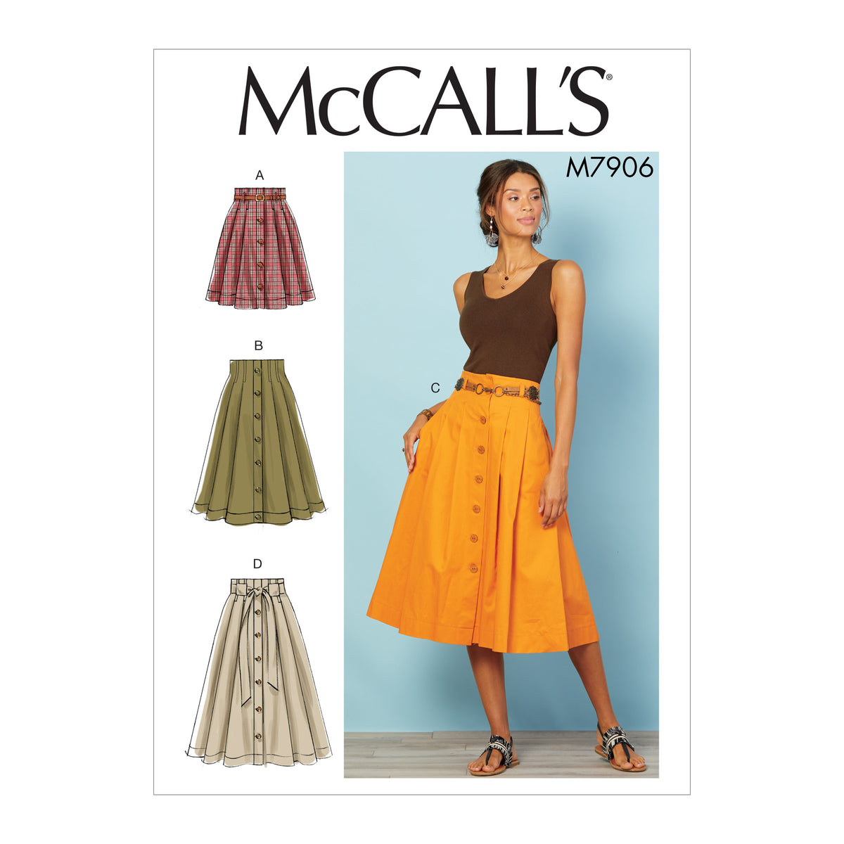 McCall's M7906 sewing pattern envelope showing full pleated skirt designs
