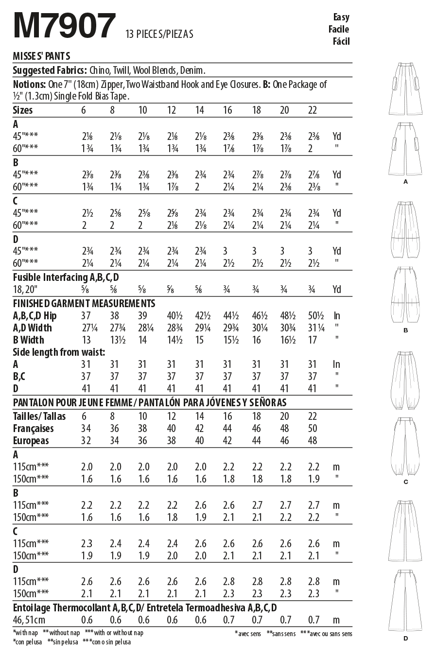 McCall's M7907 sewing pattern envelope showing loose-fitting trousers designs