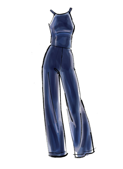 McCall's M7910 sewing pattern envelope showing pull-on knit jumpsuit designs
