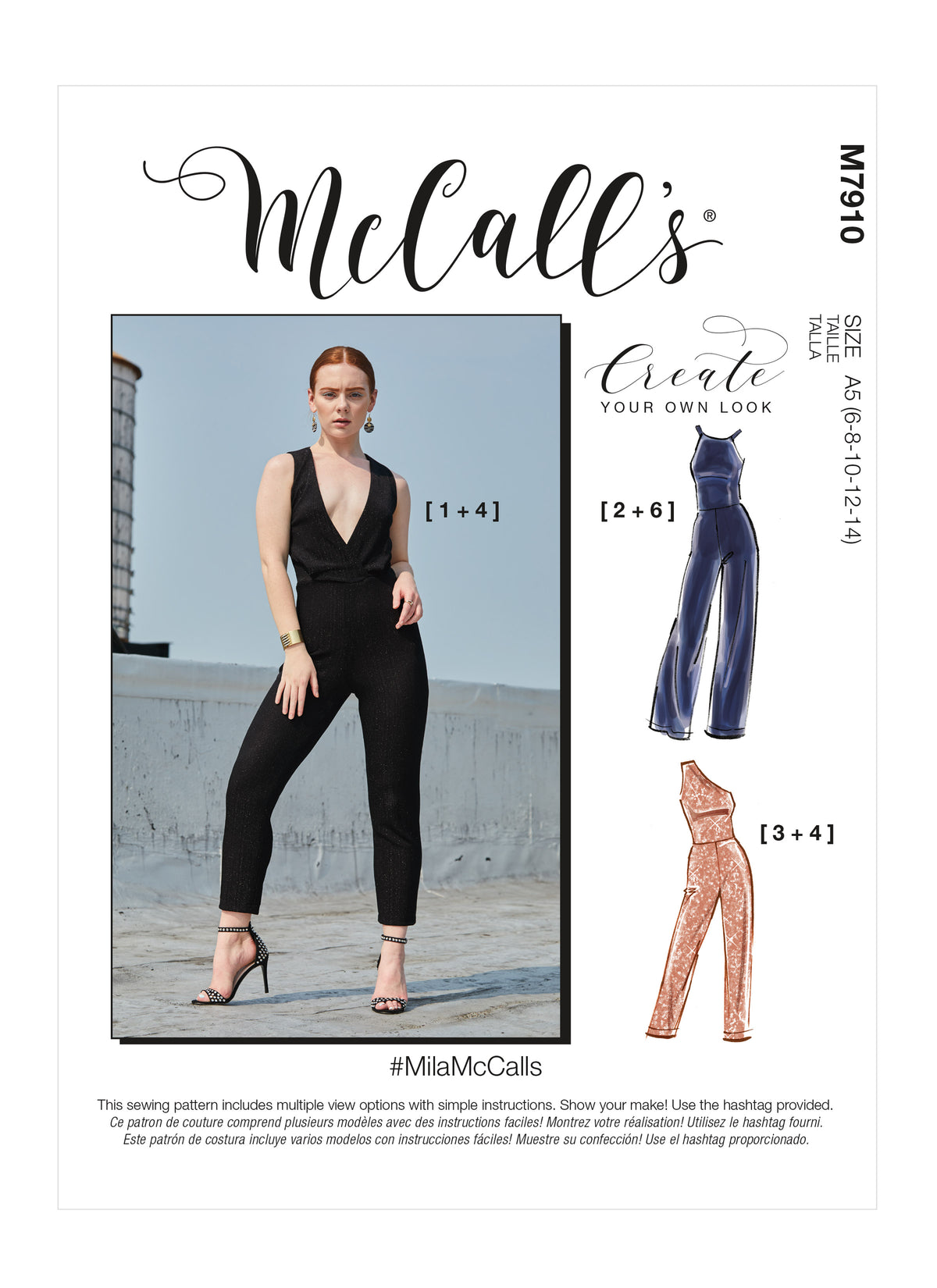 McCall's M7910 sewing pattern envelope showing pull-on knit jumpsuit designs