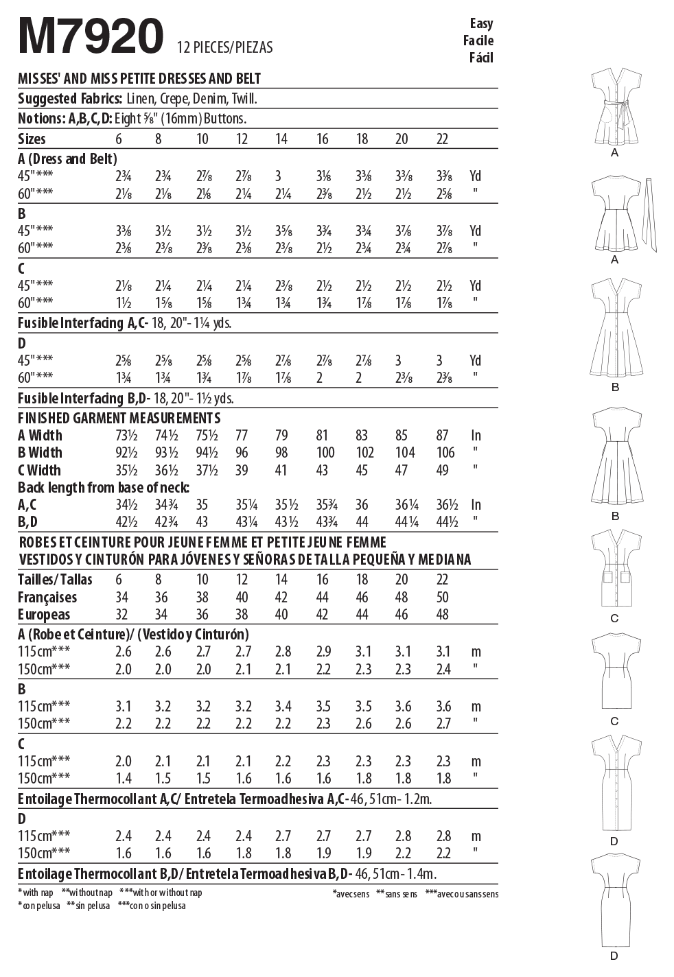 McCall's M7920 sewing pattern envelope showing button-front dress designs