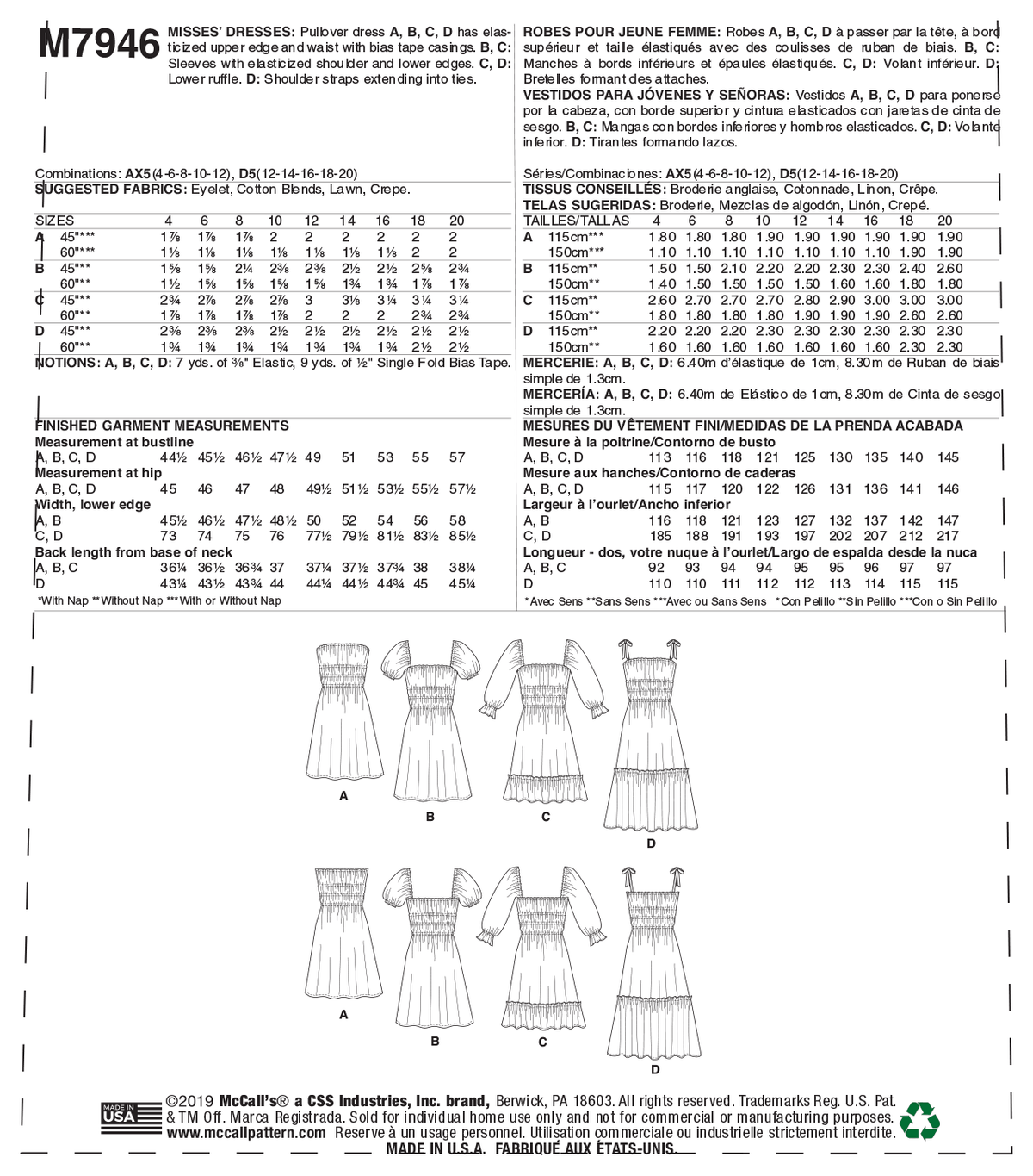 McCall's M7946 sewing pattern envelope showing pullover dress designs