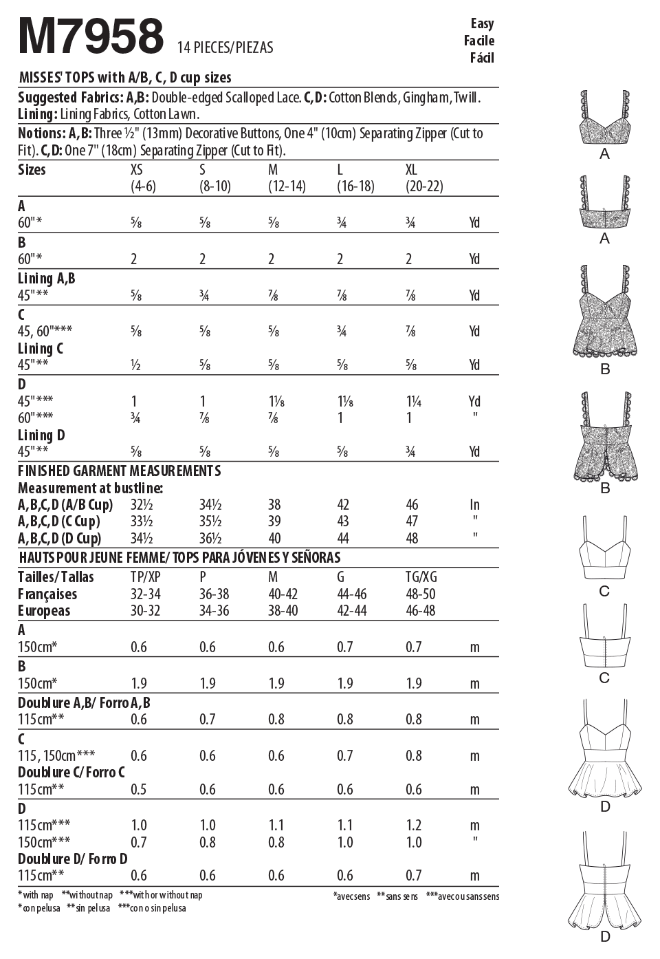 McCall's M7958 sewing pattern envelope showing lined top